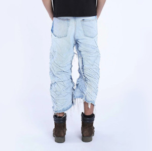 DiZNEW OEM Distressed Light Blue Denim Pants with Wrinkled Design