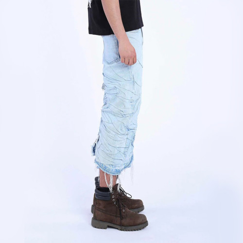 DiZNEW OEM Distressed Light Blue Denim Pants with Wrinkled Design