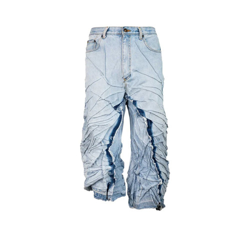 Pantalon en denim bleu clair vieilli DiZNEW OEM avec motif froissé