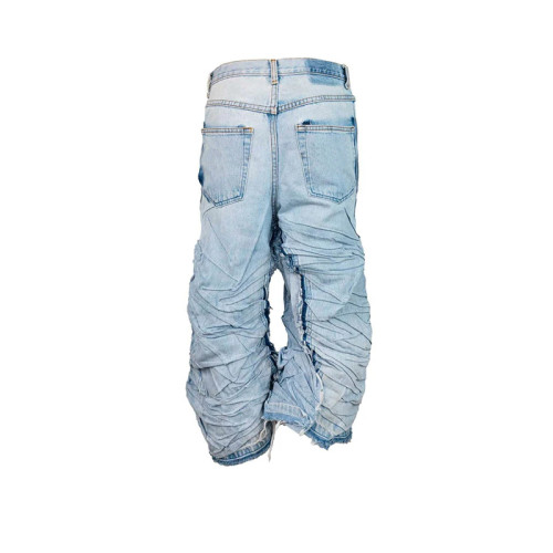 OEM Distressed Light Blue Denim Pants Jeans with Wrinkled Design DiZNEW