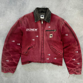Wholesale Fade Washed Red Canvas Jacket with Distressed Details DiZNEW