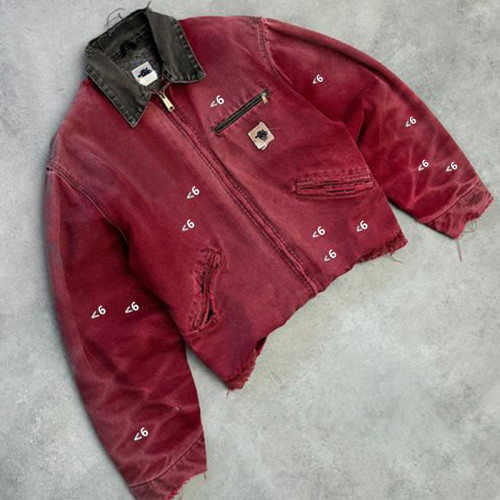 Chaqueta de lona roja lavada con detalles desgastados de DiZNEW Wholesale