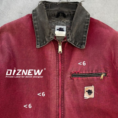 Chaqueta de lona roja lavada con detalles desgastados de DiZNEW Wholesale