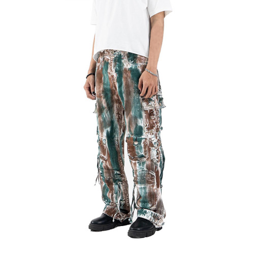 DiZNEW Multi-Colored Tie-Dye Cargo Pants with Distressed Details for Bold Streetwear Looks