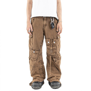 DiZNEW Custom Multi-pocket Brown Cargo Jeans for Men - Functional and Stylish