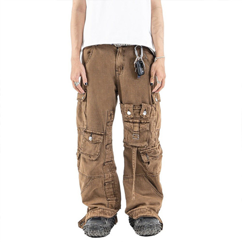 DiZNEW Custom Multi-pocket Brown Cargo Jeans for Men - Functional and Stylish