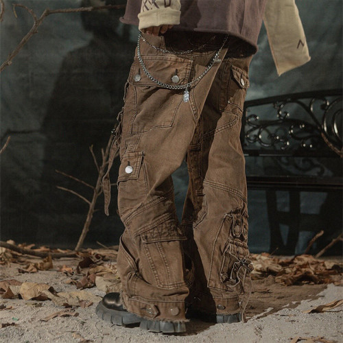 Custom Multi-pocket Brown Cargo Jeans for Men - Functional and Stylish