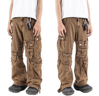 DiZNEW Custom Multi-pocket Brown Cargo Jeans for Men - Functional and Stylish