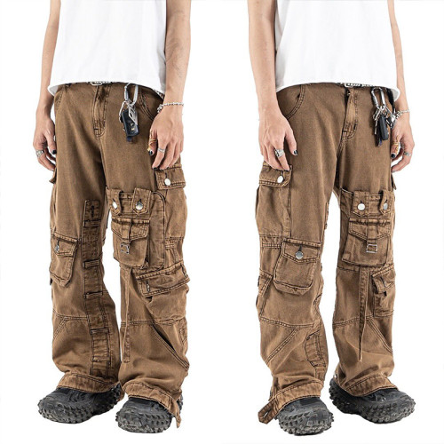 Custom Multi-pocket Brown Cargo Jeans for Men - Functional and Stylish