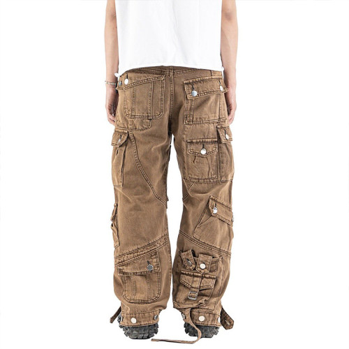 Custom Multi-pocket Brown Cargo Jeans for Men - Functional and Stylish