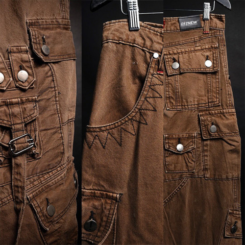 DiZNEW Custom Multi-pocket Brown Cargo Jeans for Men - Functional and Stylish