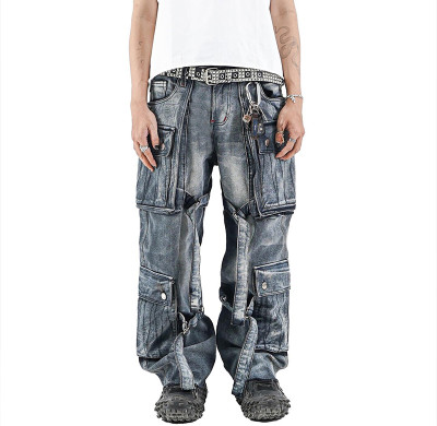 DiZNEW Multi-Pocket-Utility-Jeans mit abnehmbaren Trägern für Streetwear-Mode