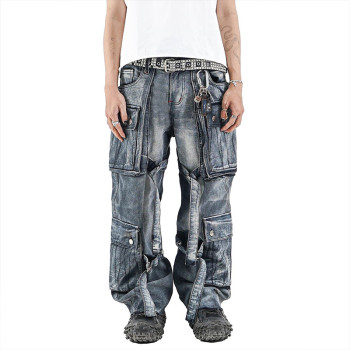 Custom Multi-Pocket Utility Jeans with Detachable Straps for Streetwear Fashion
