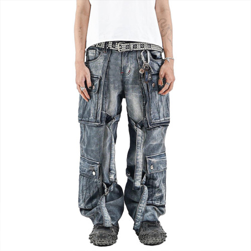 Custom Multi-Pocket Utility Jeans with Detachable Straps for Streetwear Fashion