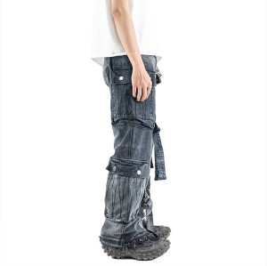 Custom Multi-Pocket Utility Jeans with Detachable Straps for Streetwear Fashion