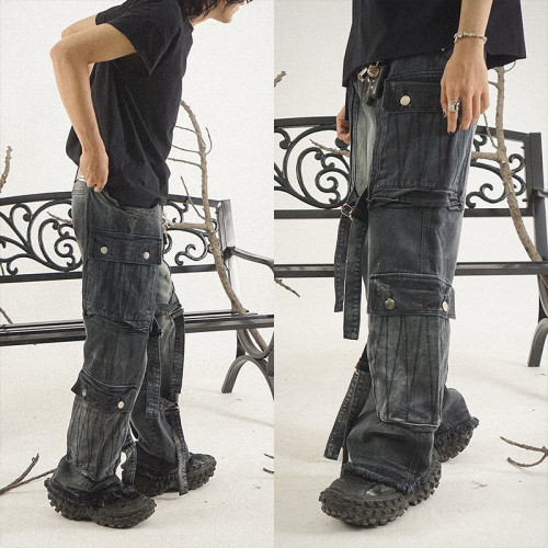 Custom Multi-Pocket Utility Jeans with Detachable Straps for Streetwear Fashion