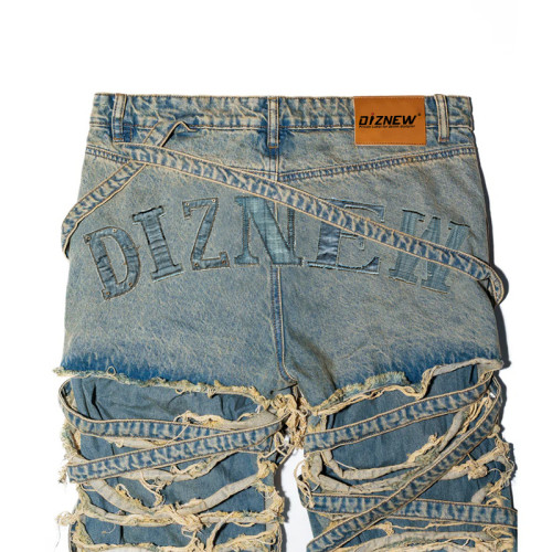 DiZNEW Unique Distressed Denim Jeans with Intricate Strapped Design for Urban Fashion