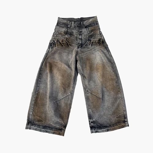 Custom made Wide-Leg Cargo Denim Jeans with Double Waist for Unique Streetwear Style