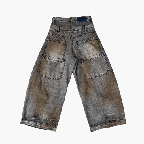 Jean cargo en denim à jambe large sur mesure avec double taille pour un style streetwear unique