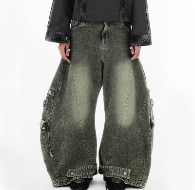 Custom made Wide-Leg Cargo Denim Jeans with Double Waist for Unique Streetwear Style