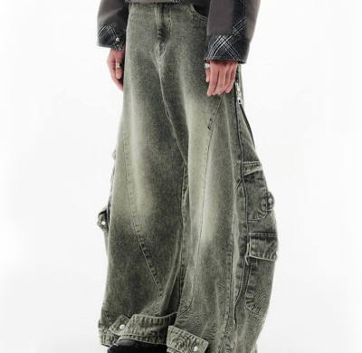 Custom made Wide-Leg Cargo Denim Jeans with Double Waist for Unique Streetwear Style