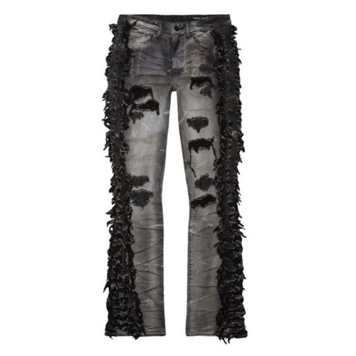 Custom Distressed Black Jeans with Frayed Side Details for Designers