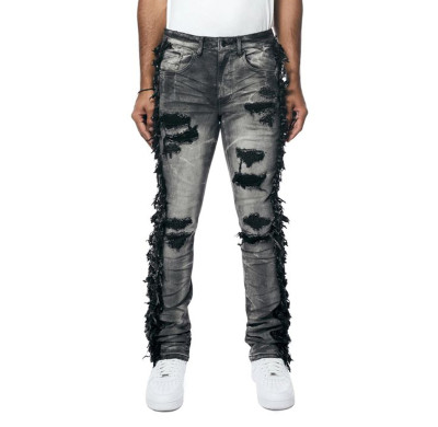 Custom Distressed Black Jeans with Frayed Side Details for Designers