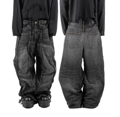 Custom Hem Distressed Black Denim Jeans with Fringe Side Detailing for Trendsetters