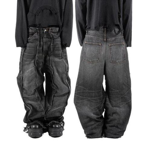 Custom Hem Distressed Black Denim Jeans with Fringe Side Detailing for Trendsetters