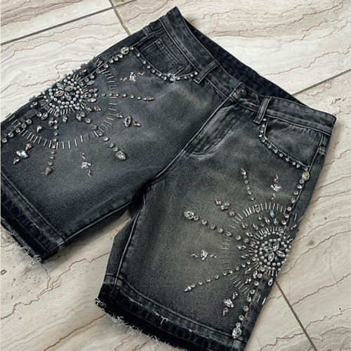 Custom Men Denim Shorts with Crystal Embellishments – Handmade, Luxury Street Style