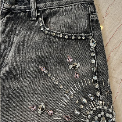 Custom Men Denim Shorts with Crystal Embellishments – Handmade