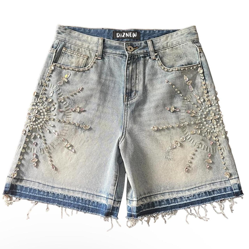 Custom Men Denim Shorts with Crystal Embellishments Handmade Luxury Street Style Custom Men s Jeans Shorts DiZNEW Men Jeans Wholesale Manufacturer