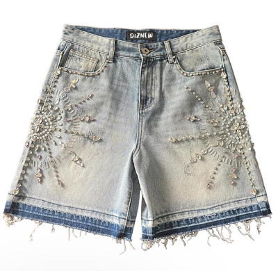 Short en jean personnalisé pour homme avec ornements en cristal – Fait main, style urbain de luxe