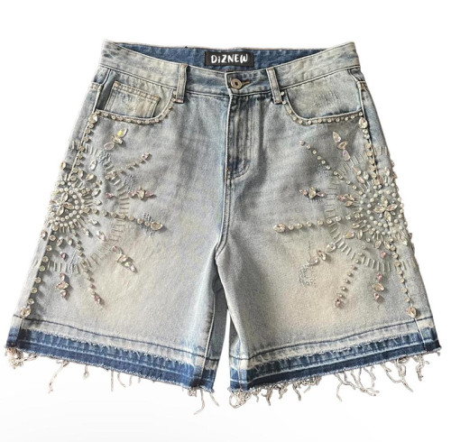 Custom Men Denim Shorts with Crystal Embellishments – Handmade