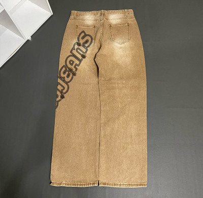 Custom Men's Baggy Hip Hop Jeans Wide Leg Dirty Washed Jeans for Men Loose Fit