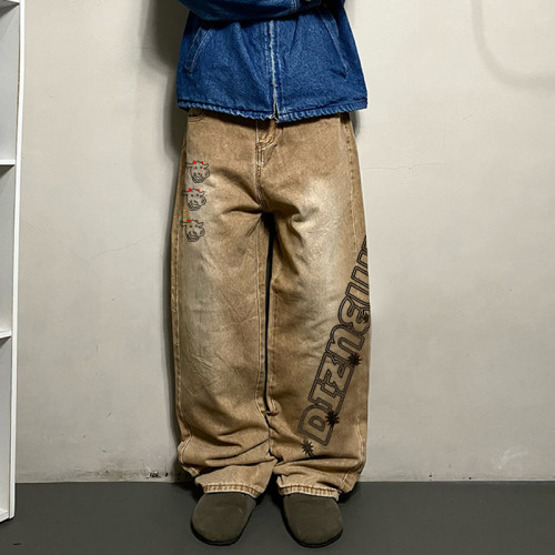 Maßgeschneiderte Baggy-Hip-Hop-Jeans für Herren, weites Bein, Dirty Washed-Jeans für Männer, lockere Passform