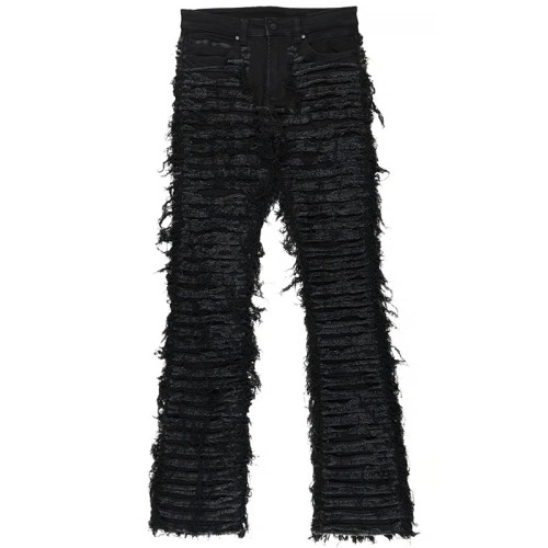 Custom Unique Distressed Denim Jeans with Intricate Strapped Design for Urban Fashion