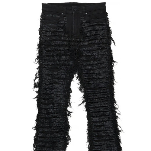 Custom Unique Distressed Denim Jeans with Intricate Strapped Design for Urban Fashion