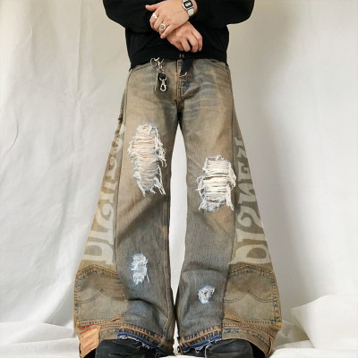 Custom Men's Jeans Y2K Jeans Retro Fashion Street Patchwork Boot Cut Jeans Pants