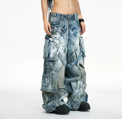 Benutzerdefinierte Großhandel Herren lose Hip Hop Denim Arbeitshose Jeans mit Cargo-Taschen