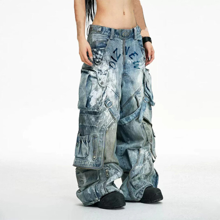 Benutzerdefinierte Großhandel Herren lose Hip Hop Denim Arbeitshose Jeans mit Cargo-Taschen