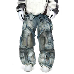 Benutzerdefinierte Großhandel Herren lose Hip Hop Denim Arbeitshose Jeans mit Cargo-Taschen