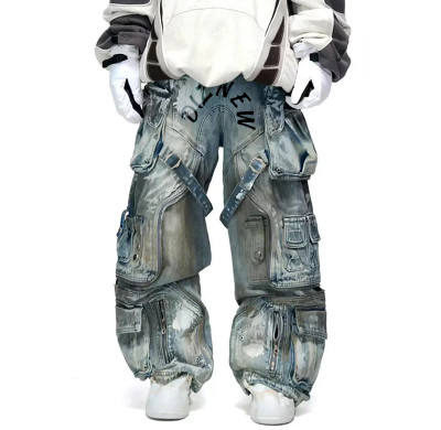 Custom Wholesale Men's Loose Hip Hop Denim Work Pants Jeans with Cargo Pockets