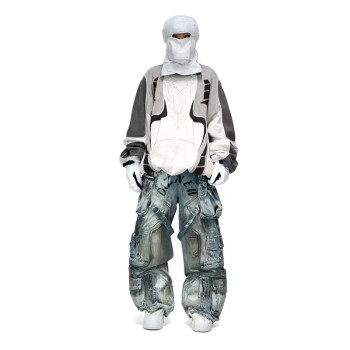 Custom Wholesale Men's Loose Hip Hop Denim Work Pants Jeans with Cargo Pockets