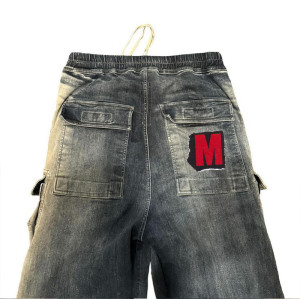 Custom Bulk Wide-Leg Cotton Denim Cargo Pants with Red Embroidered patches