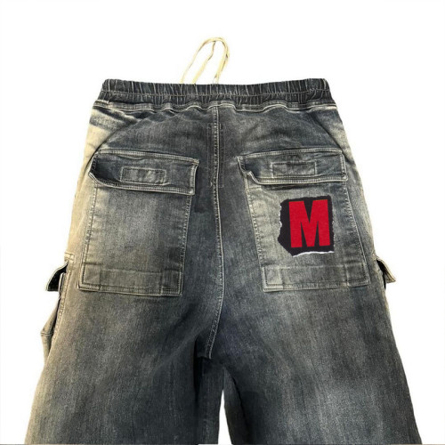 Custom Bulk Wide-Leg Cotton Denim Cargo Pants with Red Embroidered patches