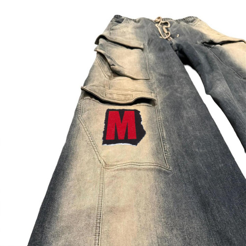 Custom Bulk Wide-Leg Cotton Denim Cargo Pants with Red Embroidered patches