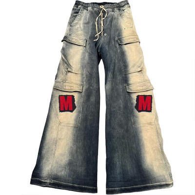 Custom Bulk Wide-Leg Cotton Denim Cargo Pants with Red Embroidered patches