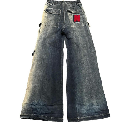 Custom Bulk Wide-Leg Cotton Denim Cargo Pants with Red Embroidered patches