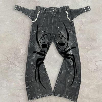 Custom Wholesale Skull-Printed Vintage Denim Pants – Unique Wide-Leg Jeans